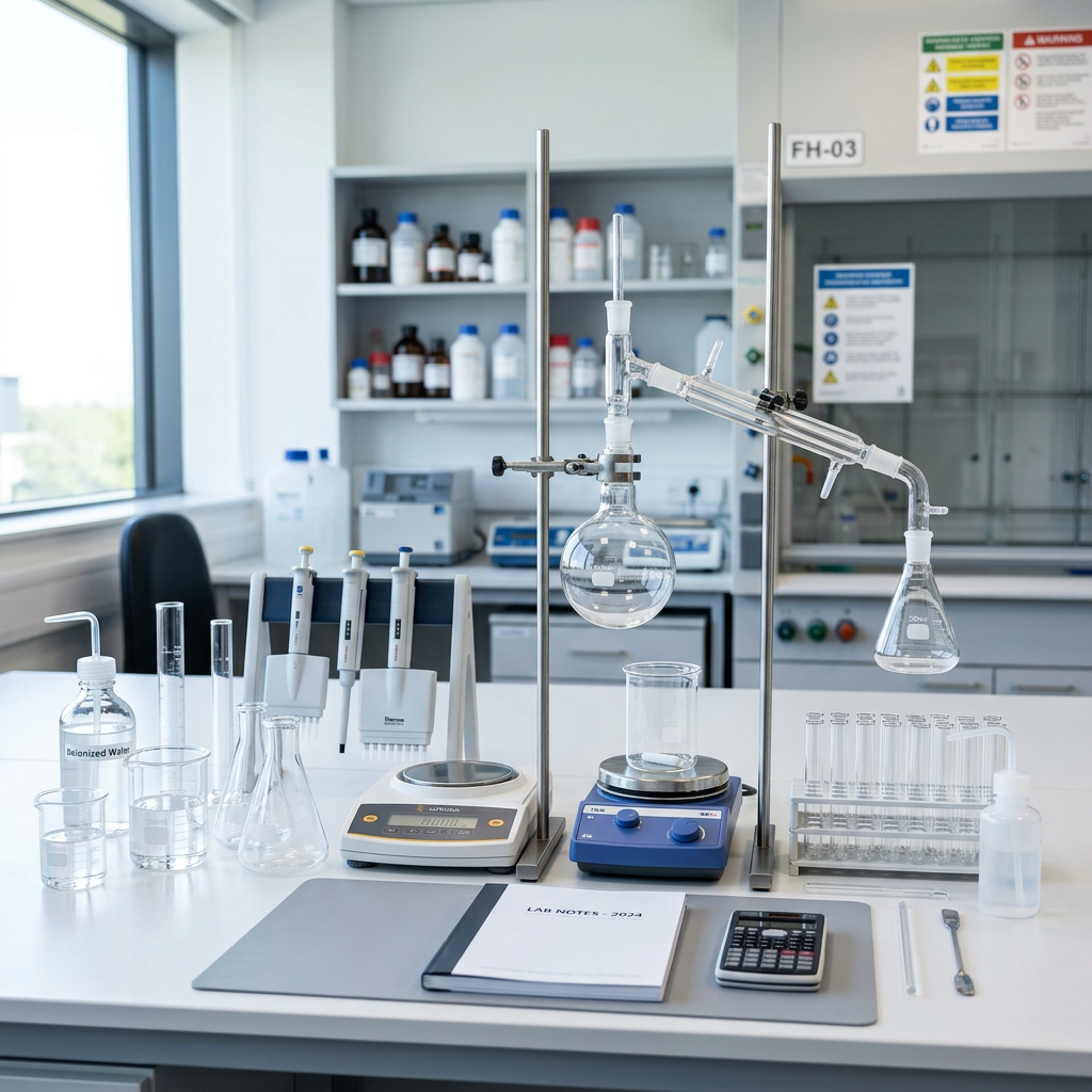 Laboratory bench with distillation apparatus, pipettes, glassware, and label FH-03
